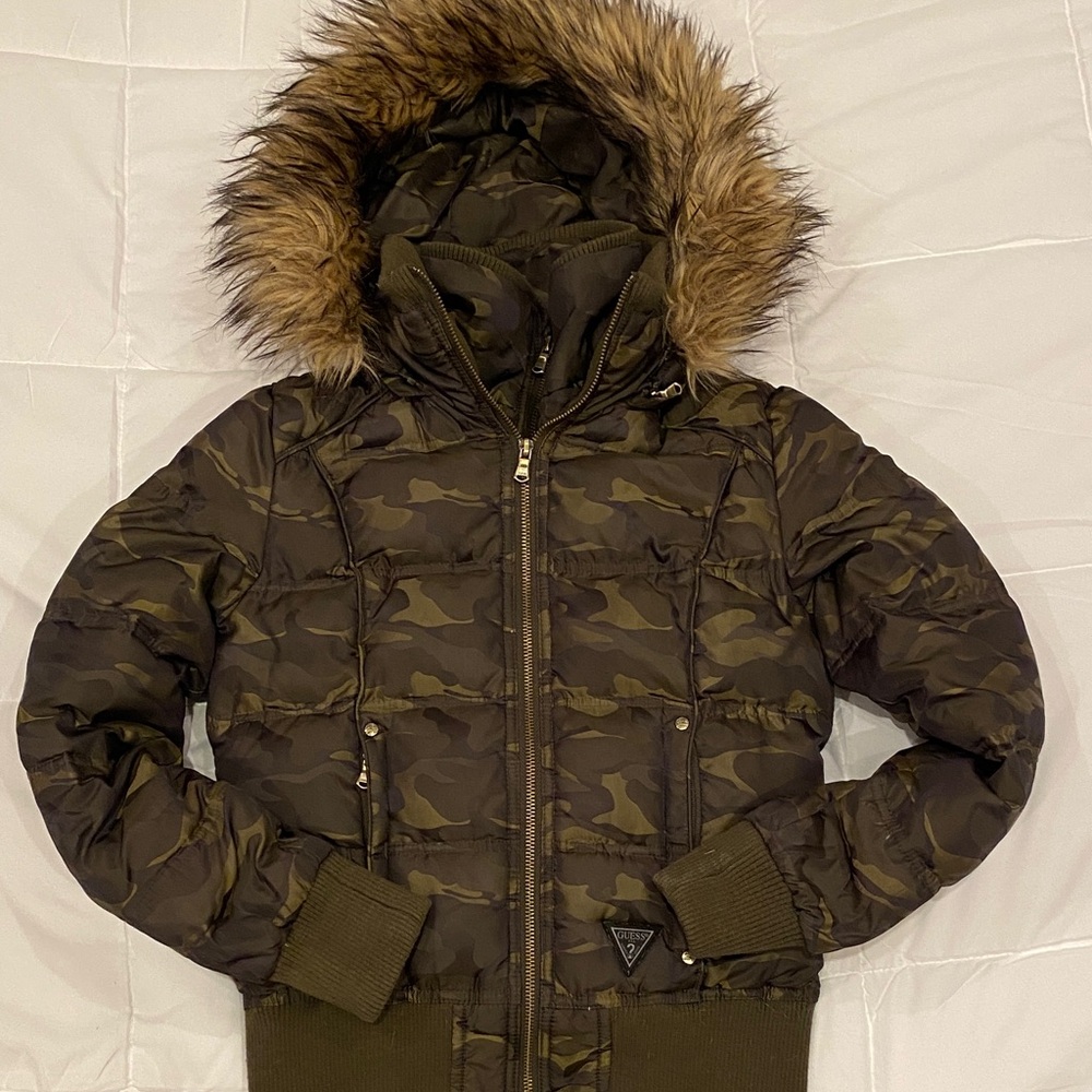 Guess Olive Camouflage Jacket with Faux Fur Hood